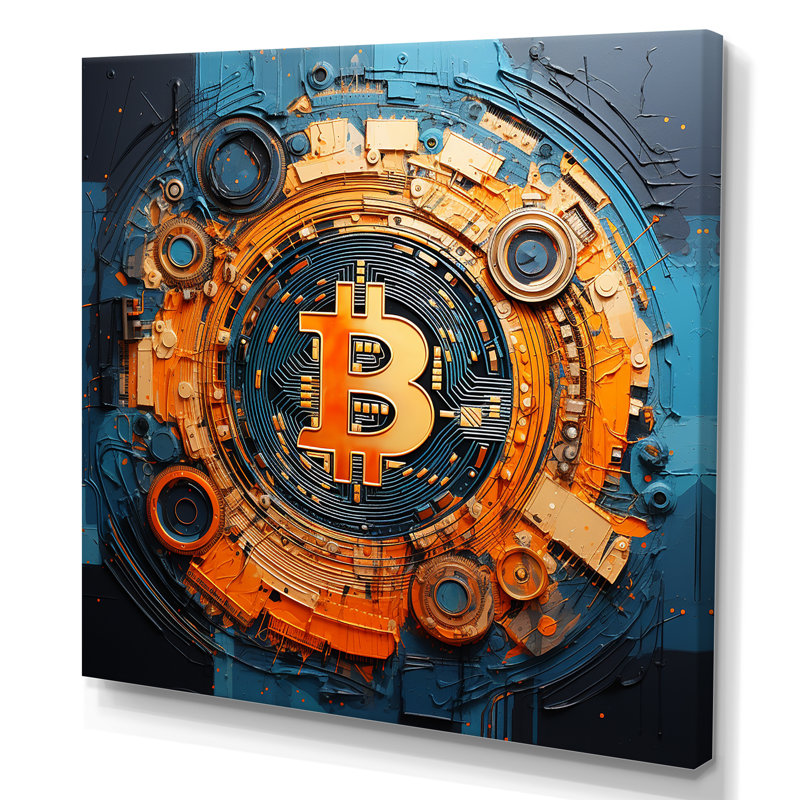«Orange Vibrant Bitcoin Crypto», art mural abstrait, Toile tendue, H 16 po x l 16 po x P 1 po