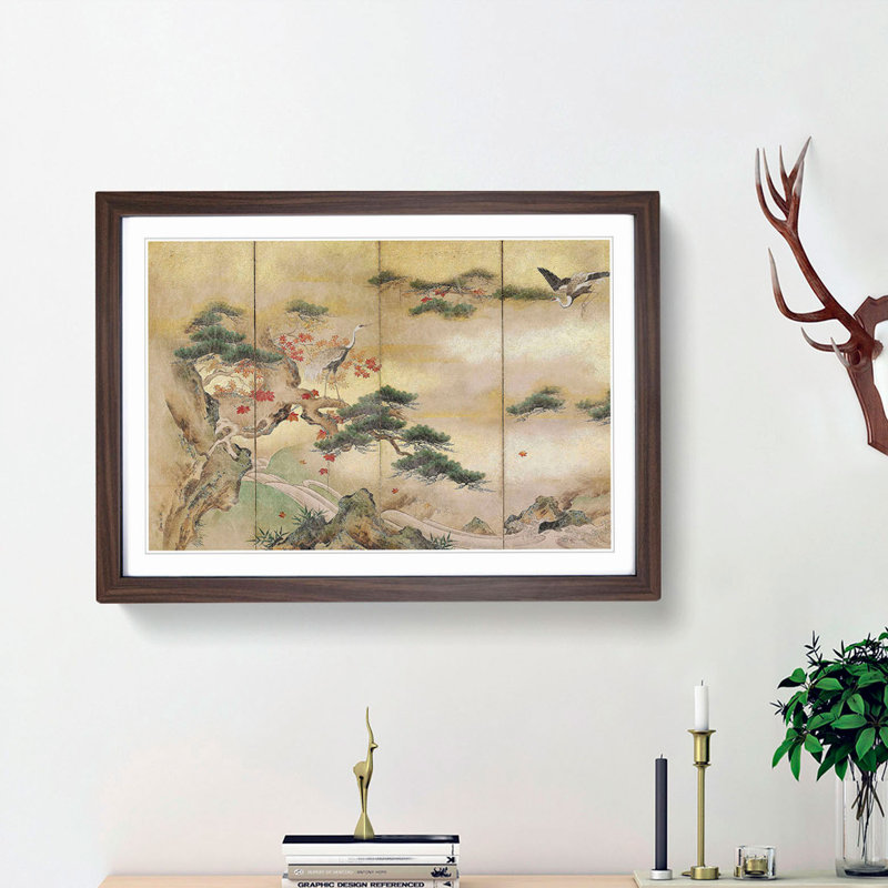 The Cranes Beside a Lake by Hashimoto Gaho - Picture Frame Painting Print on MDF, 36cm H x 48cm W x 2cm D, Walnut Framed