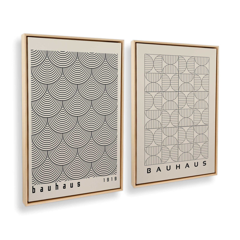 Ensemble de 2 reproductions abstraites Bauhaus, H 49,5 po x l 67 po x P 1,25 po, Cadre flottant, Érable américain