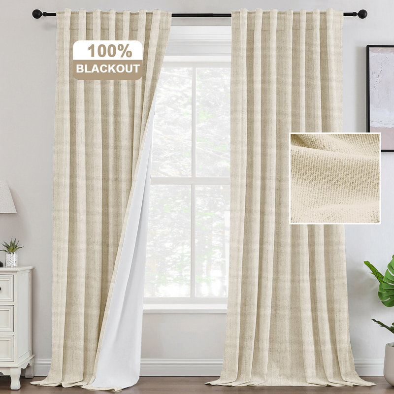 Premium Chenille Linen Textured 100% Blackout Curtains Thermal Insulated for Living Room Back Tab/Rod Pocket Bedroom Draperies 2 Panels