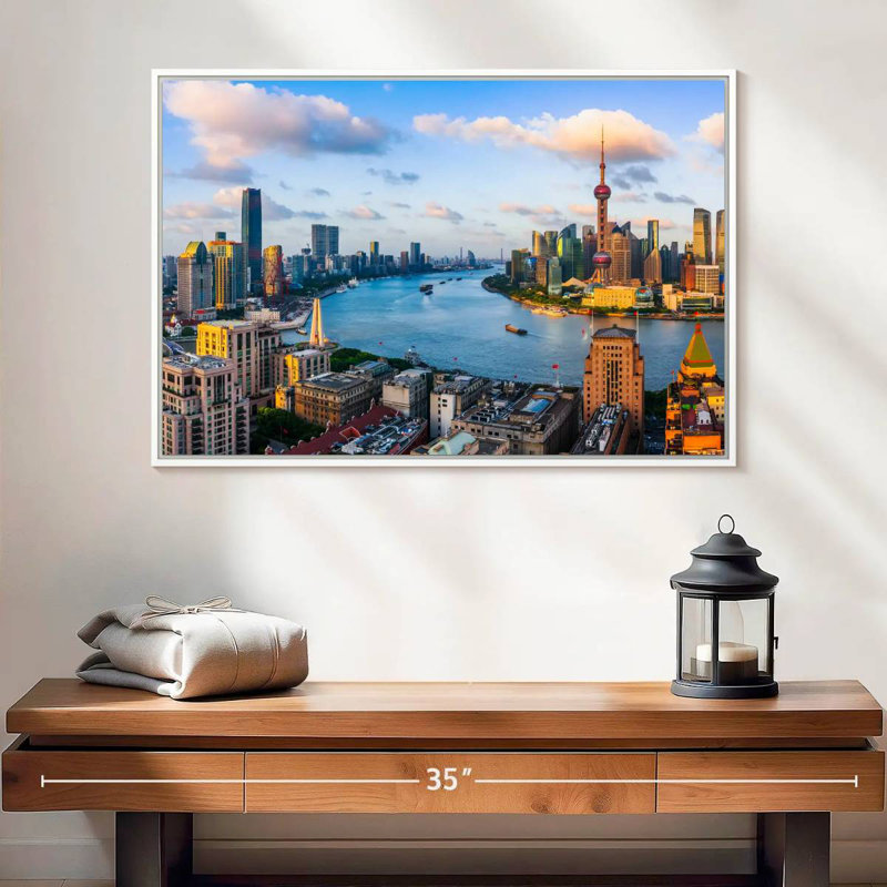 Horizon du coucher du soleil de Changhaï, Cadre flottant blanc, 25 po x 17 po