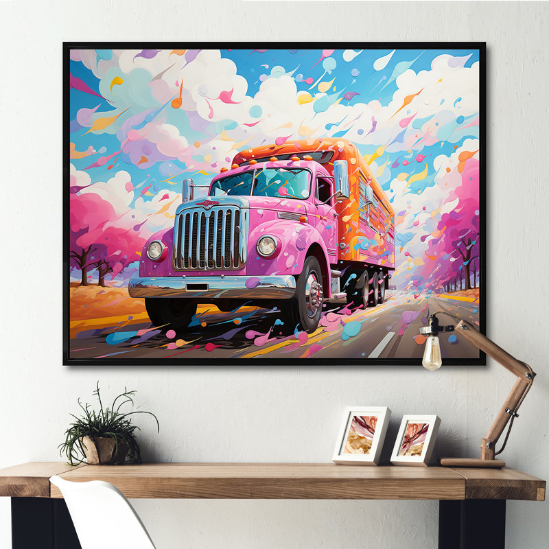 Camion Raimbow rose sur toile, Cadre flottant noir, H 34 po x l 44 po x P 1,5 po