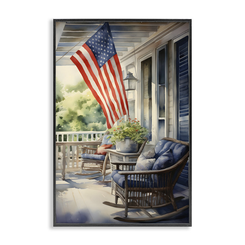 Porche avec drapeau américain, estampe numérique par Petal Prints Design, H 18 po x l 12 po, Giclée encadrée noir minuit