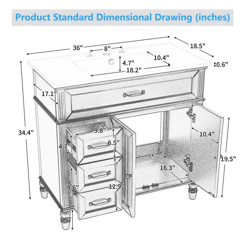Meuble-lavabo 36 po avec plateau en céramique et panneau en bois aggloméré, Noir, noir, noir, noir, Blanc