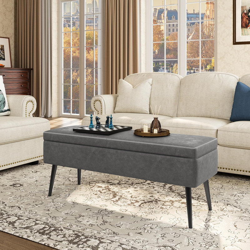 Banc de rangement rembourré de style moderne Mid-Century 47,7 po avec pieds en bois massif, Gris