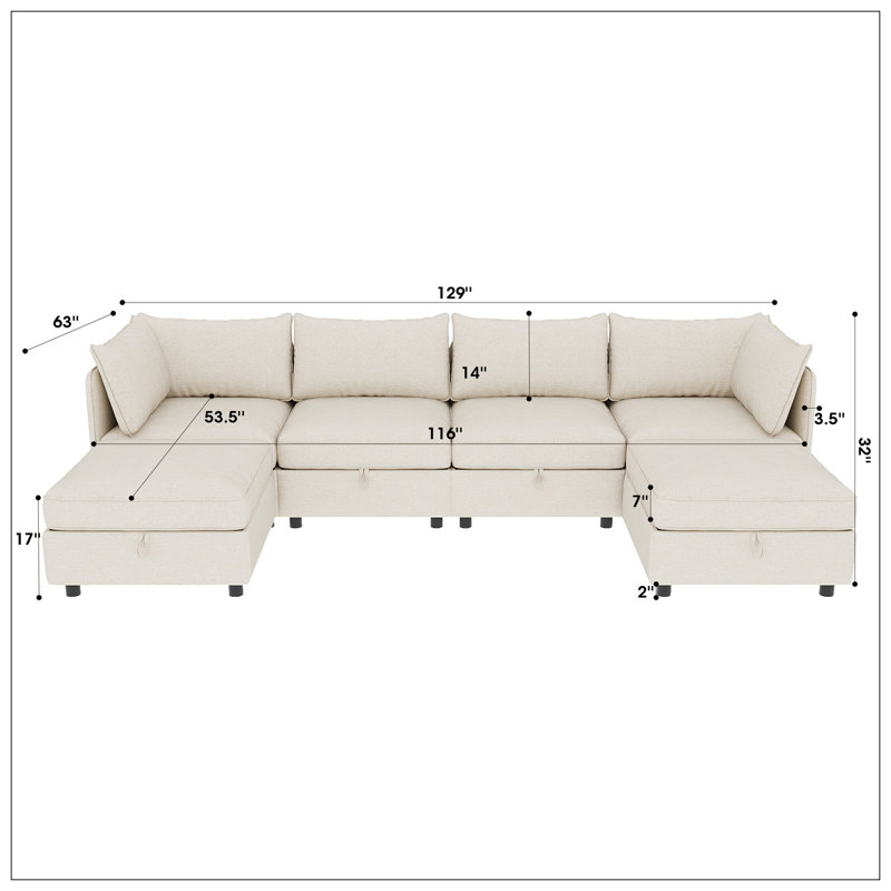 Clareville Modular Storage Sectional Sofa, 32" H x 129" W x 63" D, Beige Chenille