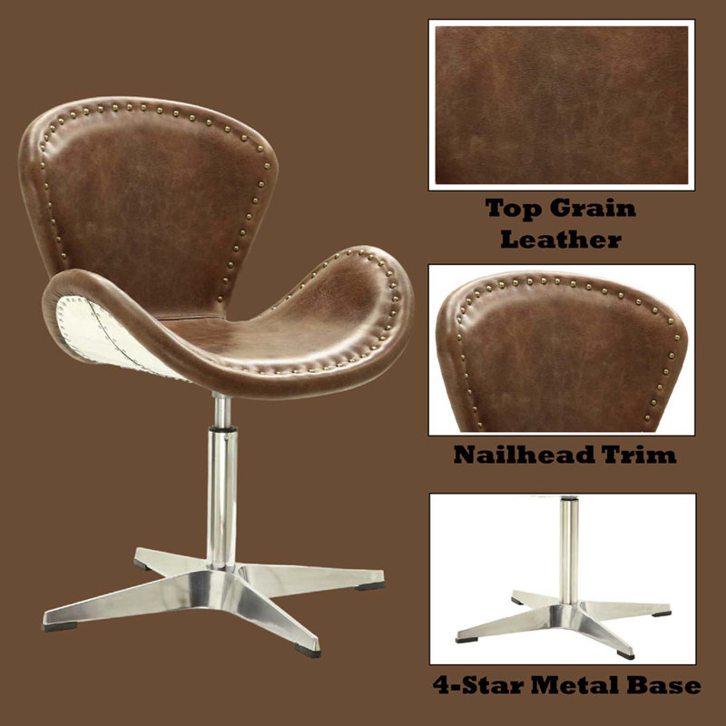 Brancaster Accent Chair w/Swivel, Retro Brown Top Grain Leather & Aluminum, Dark Brown