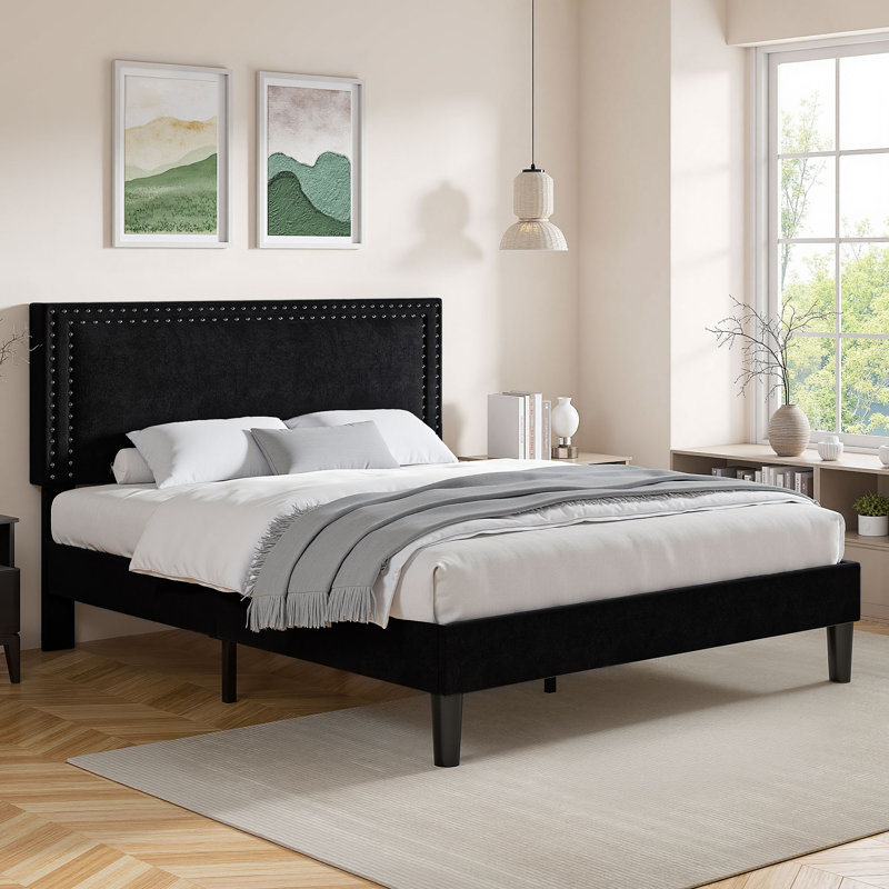 Lit rembourré avec 2 tables de chevet - Ensemble de chambre à coucher moderne, Noir / brun, Grand lit