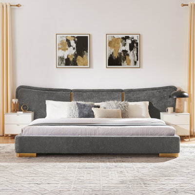 Modern Platform Bed, Curved Headboard, Reinforced Electroplated Metal Legs, Flexible DIY Side Space Design