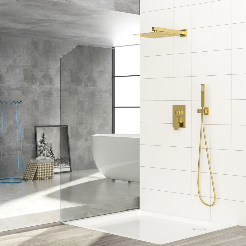 Gold Dual Shower Head Square - 12 Inch Wall Mount. -Balanced Valve For Smooth Showering Experience. Rainfall Refreshing Bath. Easy Installation And Cleanup. Comes With Arm, Handheld, Hose, Holder, &
