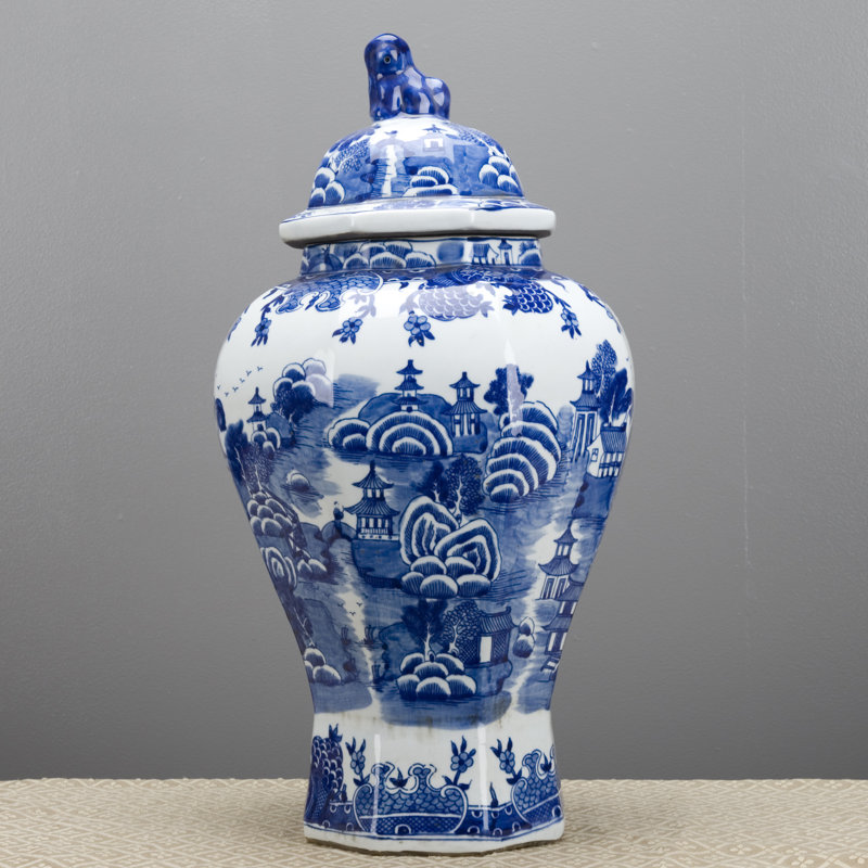 Blue and White Temple Jar with Lid