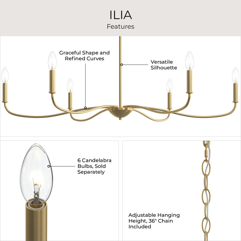 Ilia 6-Light Brushed Gold Extra Large Chandelier, Brushed Gold, 18.25" H x 42.25" W x 42.25" D