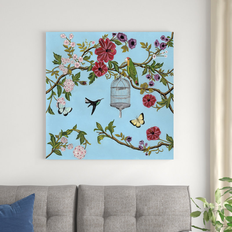 Chant d'oiseau chinoiserie I, H 36 po x l 36 po x P 1,25 po
