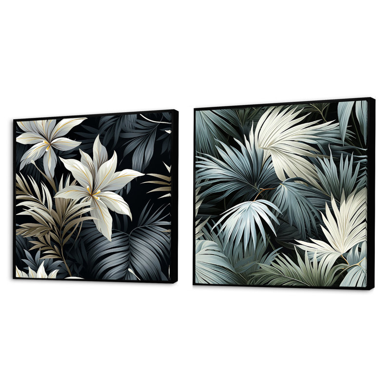 Garet - Ensemble de 2 collages carrés floraux, Cadre flottant noir, H 16 po x l 33 po