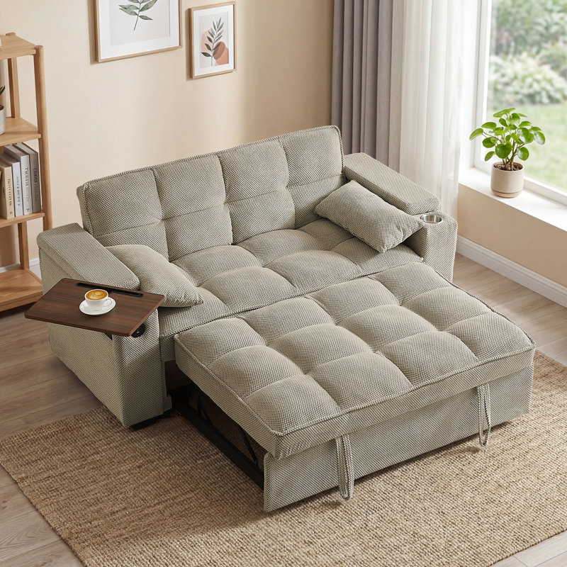 Canapé-lit futon convertible de 65 po de largeur avec canapé-lit, table d'appoint, ports USB et accoudoirs de rangement de type C