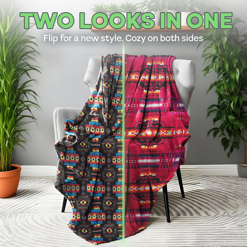 Queen Size Reversible Pink Geometric Fleece Sherpa Throw Blanket