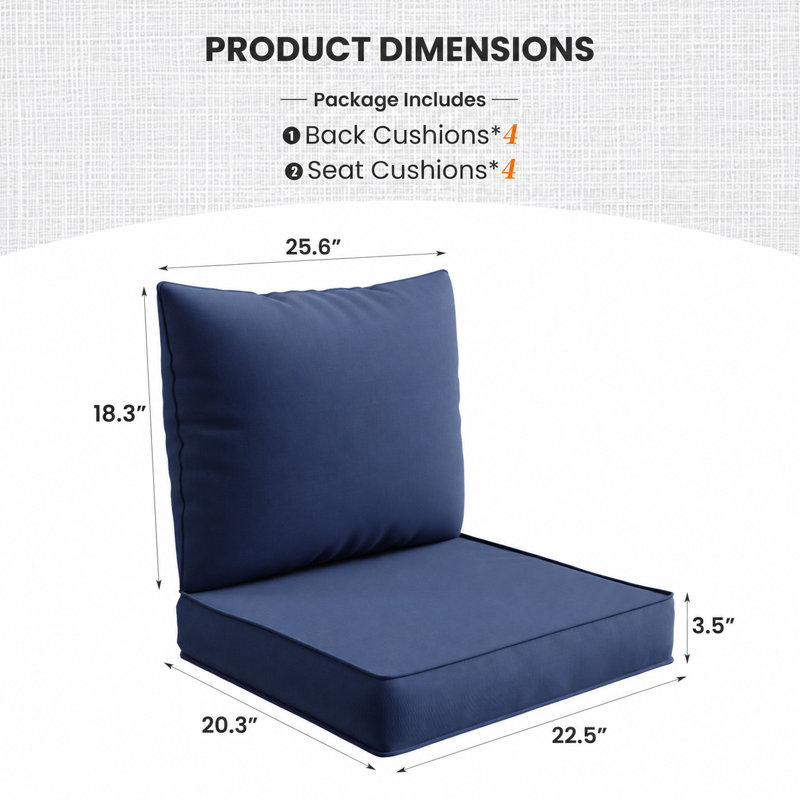8-Piece Outdoor Patio Cushion Set, Replacement Outdoor Seat & Back Cushions for Patio Furniture, 4 Seat Cushions & 4 Back Cushions with Zipper Covers.