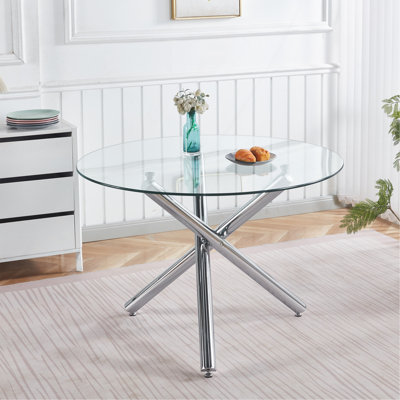 Table de salle à manger chromée avec pieds en métal et verre, table de cuisine moderne pour le salon, 110 x 110 x 75 cm