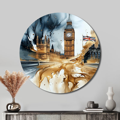London Big Ben Glow On Gold I - London, impression sur cercle métallique, art mural traditionnel en métal doré
