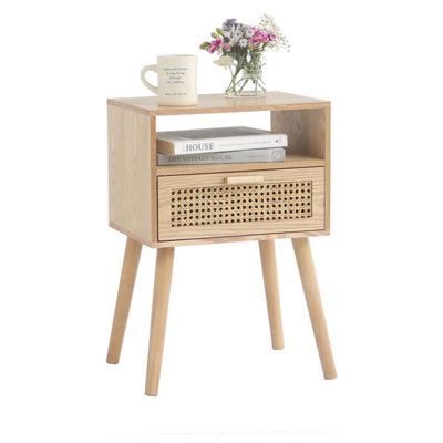 Nightstand Rattan Side End Table With Storage, For Living Room, Bedroom And Small Spaces, Accent Bedside Farmhouse Tables With Solid Wood Legs, Easy Assembly 