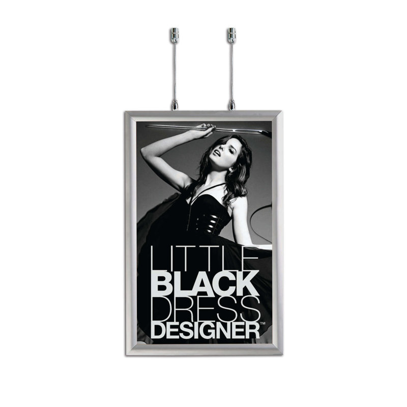 M&T Displays 22x28 Front Loading Double Sided Hanging Snap Frame - Silver Aluminum, Mitered Corner Poster Holder with Anti-Glare Cover & Cable Kit