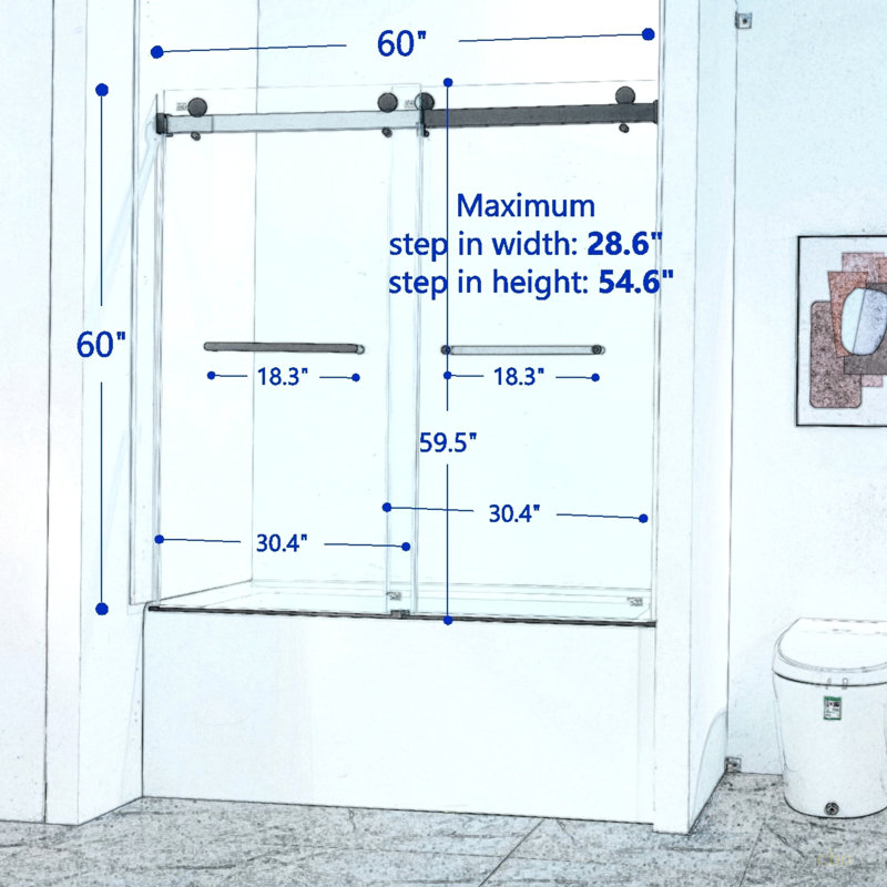 56-60"W X 60"H Frameless Double Sliding Tub Shower Door, 304 Stainless Steel In Matte Black, 5/16" (8Mm) Thick SGCC Tempered Clear Glass.