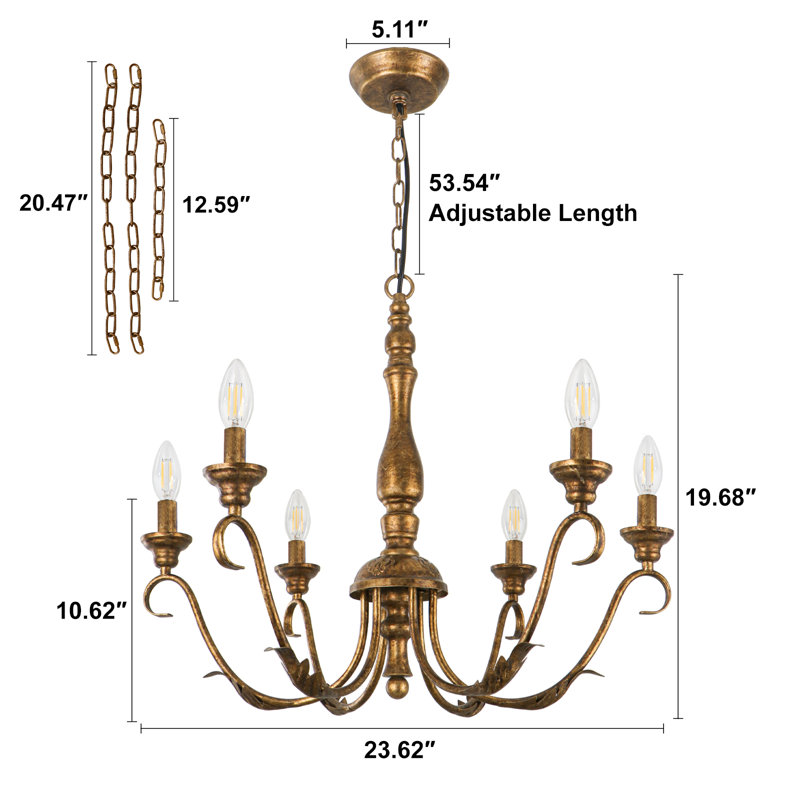 Josuel 6 - Light Iron Dimmable Chandelier, Antique Brass