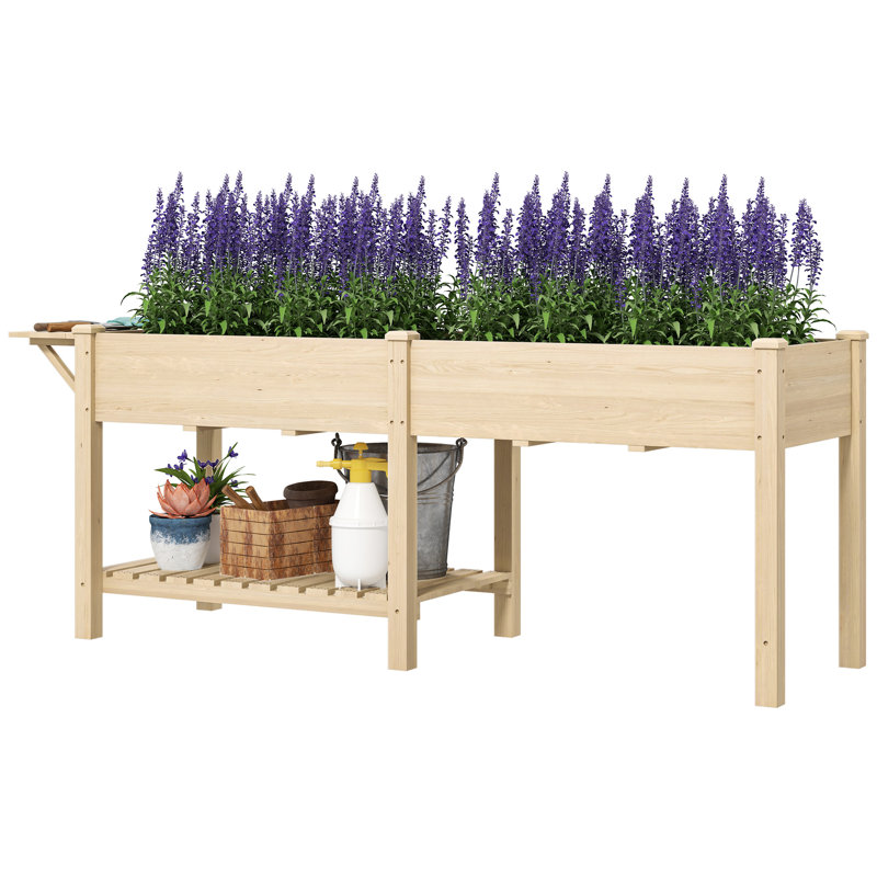 Wood Raised Garden Box, Elevated Garden Bed With Side Table, Bottom Shelf, Bed Liners And Drainage Holes, Natural
