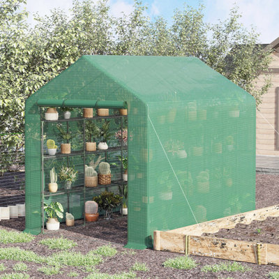 Serre d'extérieur accessible à pied - 249,6 cm x 175,9 cm x 207,9 cm, 18 étagères, protège les plantes des dégâts d'eau grâce à sa porte.
