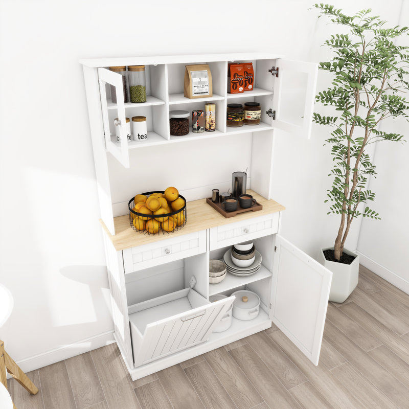 Armoire de cuisine moderne blanche de 67,7 po avec 3 tablettes réglables, 2 tiroirs et un support à poubelle basculant