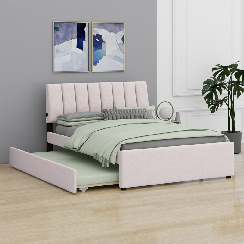 Lit plateforme tapissier avec lit gigogne, Beige