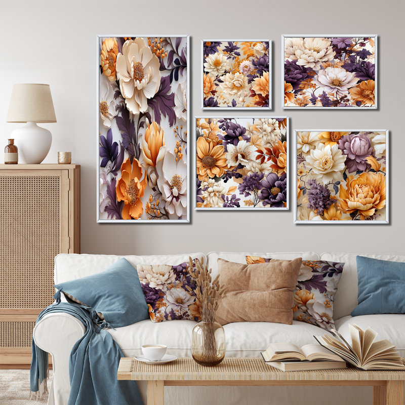 Janes - Ensemble de 5 décorations murales florales, Cadre flottant blanc