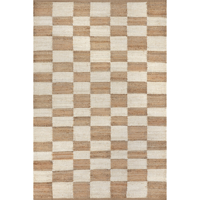 Ivory and Beige Checkered Cotton Jute Rectangular Rug
