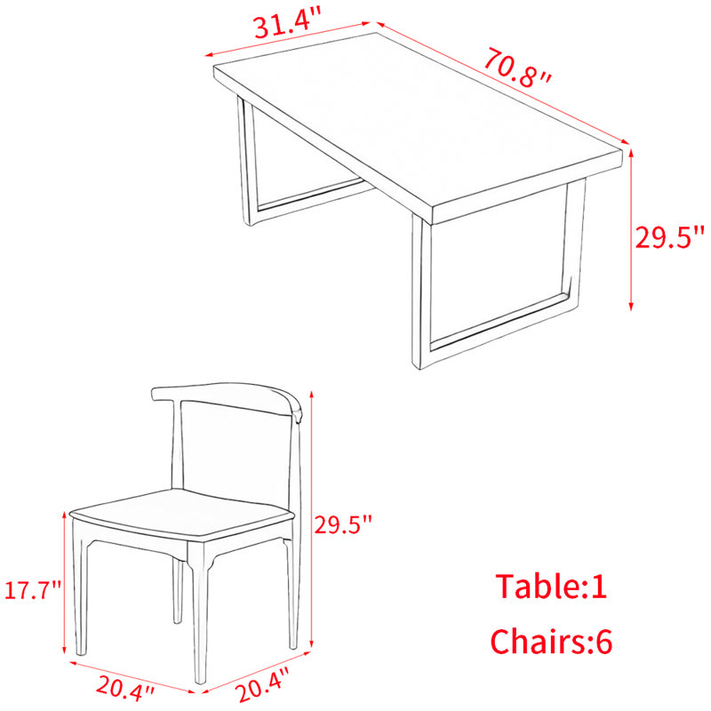 Ensemble de table de salle à manger en bois massif de style américain, H 29,5 po x L 70,8 po x l 31,4 po