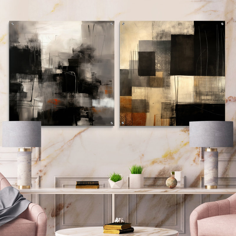 «Black Mid Century Fusion I», ensemble d'art mural en verre abstrait Mid-Century, H 36 po x l 73 po