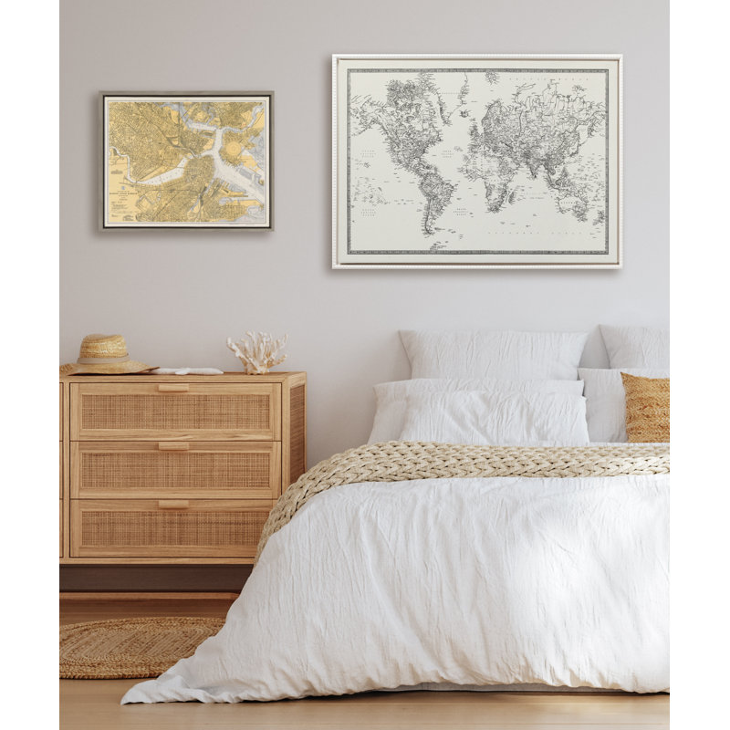 Reproduction d'art mural rétro sur toile carte du monde noir et blanc par The Creative Bunch Studio, H 28 po x l 38 po
