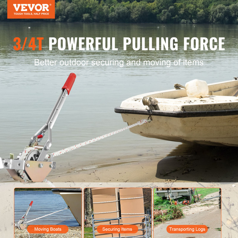 Rope Puller, 3/4 Tonne (1,653 lbs) Pulling Capacity, with 100' of 0.6" dia. Rope, 2 Hook