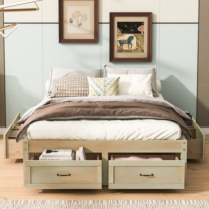 Platform Bed With 6 Storage Drawers, Naturel antique, Lit double