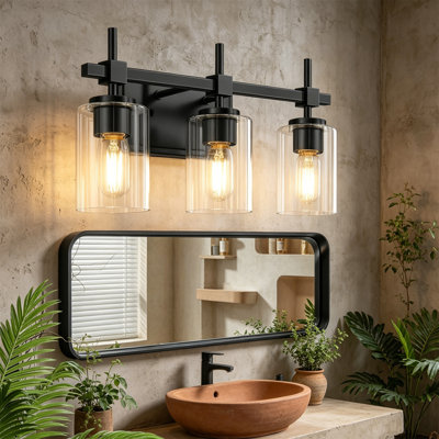 Luminaire de salle de bain 3 lumières, applique murale linéaire moderne avec abat-jour en verre nervuré transparent, luminaire mural contemporain pour couloir de chambre à coucher à miroir