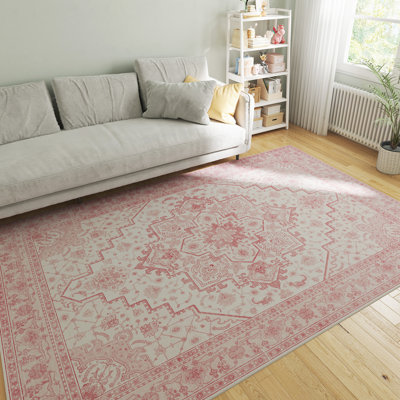 Tapis de salon tapis rose de 7 x 10 pi lavable à la machine, tapis rétro antidérapant pour tapis de chambre à coucher, tapis bohème, tapis rétro patiné pour salle de classe, dortoir, salle à manger