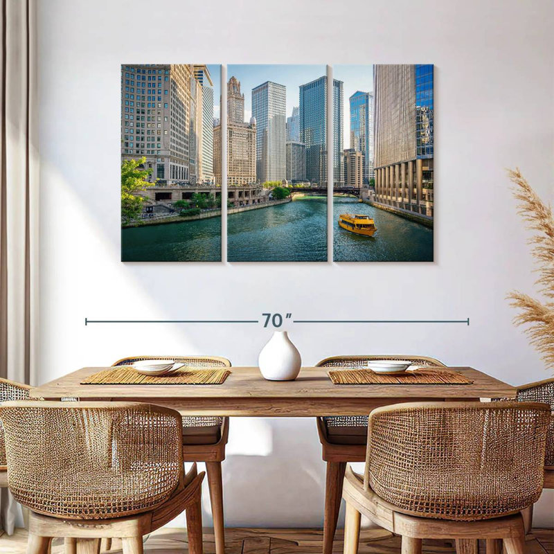 Bateau sur la rivière Sireci, Chicago, H 36 po x l 57 po