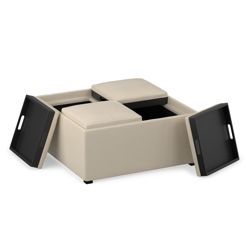 Avalon 35"W Upholstered Vegan Leather Modern Square Coffee Table Storage Ottoman with 4 Flip-Over Trays, Black