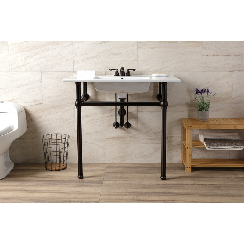 Kingston Brass Templeton 37-Inch Ceramic Console Sink with Brass Legs, White/Brushed Brass, 8" Centers