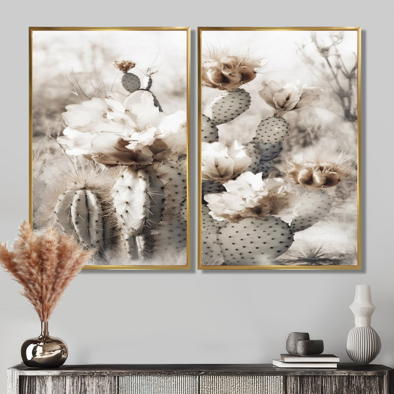 Crème désert cactus - impressions sur toile de cactus, ensemble d'art mural floral crème de 2, H 40 po x l 40 po, Doré