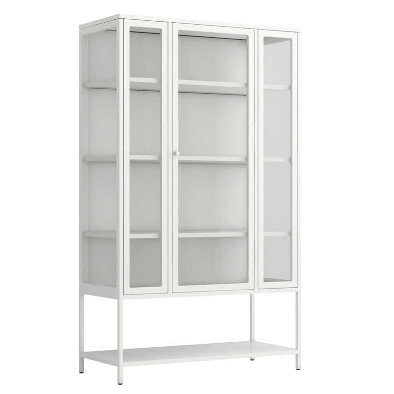 67.25" Tall Iron Display Cabinet With Glass Door And LED Lights Steel, White
