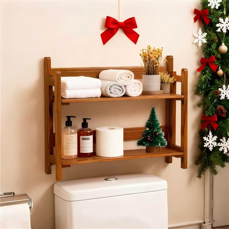 Étagère flottante en bois de teck pour salle de bain, support mural pliable en bois, 2 tablettes