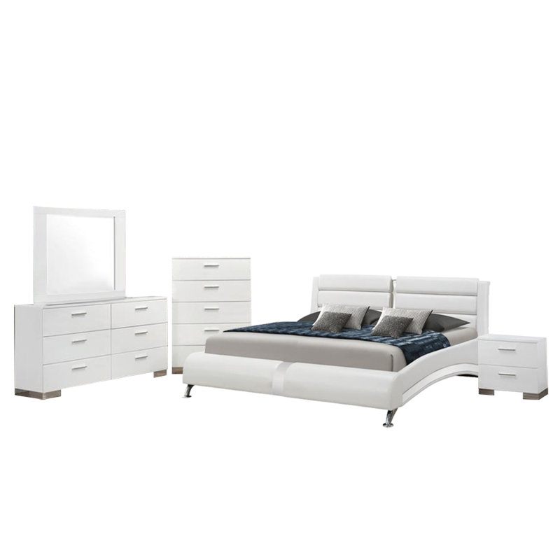 Ensemble de chambre à coucher tapissier Clemence, Très grand, Ensemble de 5 pièces : lit, table de chevet, com