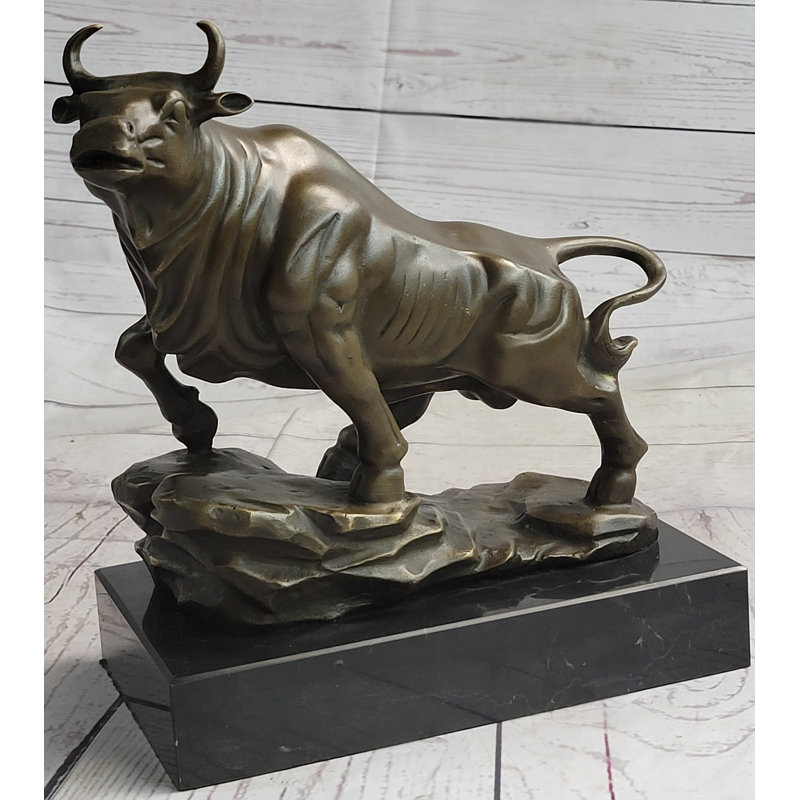 Statue de taureau Capitolina faisant face vers le haut, sculpture en métal bronze, base en marbre signée originale 10 po x 11 po