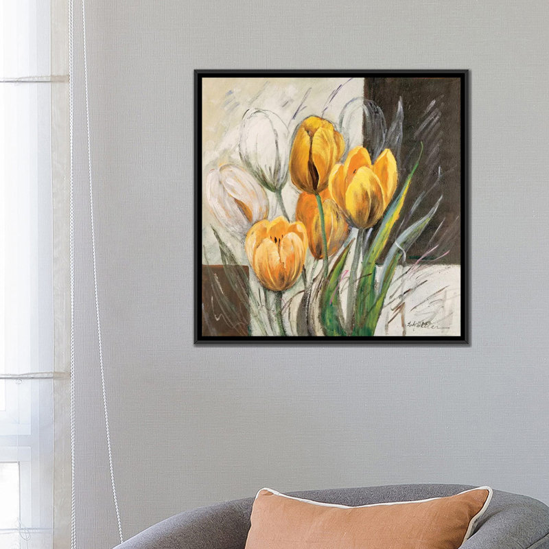 « yellow tulipes », impression sur toile, H 18 po x l 18 po x P 1,5 po, Toile avec cadre noir, Pas de tapis