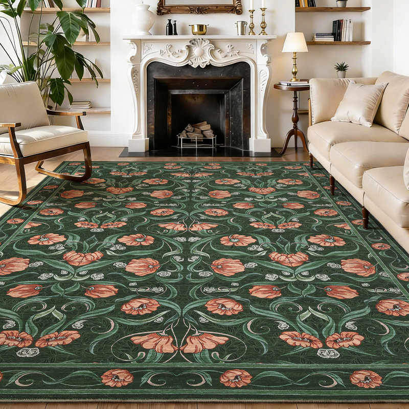 Area Rug, Floral Washable Rugs, Modern Style, Non-Slip Low-Pile Soft Floor Carpet for Bedroom, Living Room, Dining Room